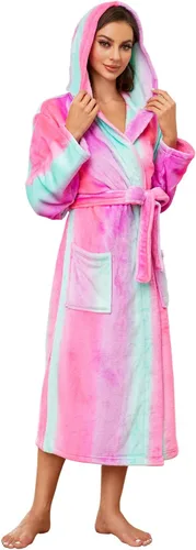 Vista 79 de HEARTNICE Bata de forro polar con capucha para mujer, bata de baño suave para mujer, bonito abrigo largo para casa