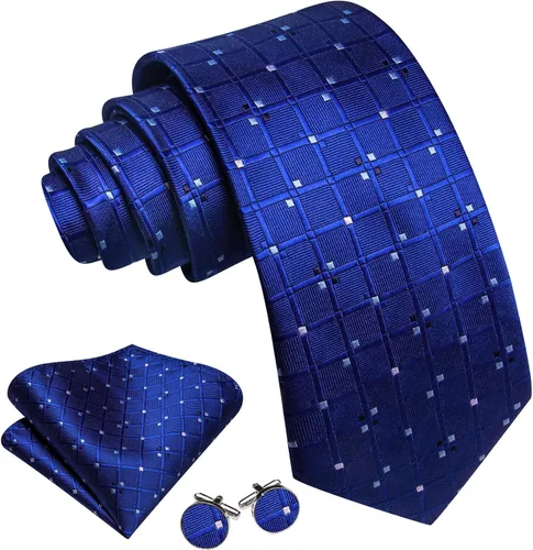 Vista 145 de Barry.Wang Juego de corbatas a cuadros para hombre con pañuelo gemelos de rayas clásicas