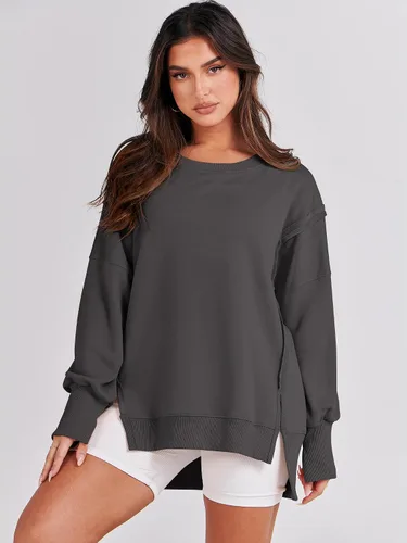 Vista 2 de ANRABESS Sudaderas de gran tamaño para mujer, con cuello redondo, manga larga, casuales y holgadas, con aberturas, ropa de otoño 2025