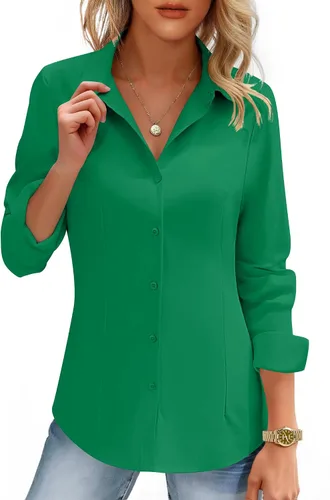 Vista 13 de HOTOUCH Camisas de mujer con botones de manga larga, camisa de vestir ajustada, blusas de trabajo, cuello, elegantes, casuales, de negocios