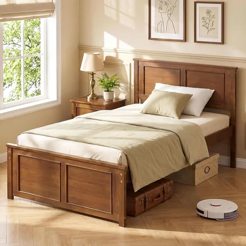 Vista 11 de Giantex Marco de cama individual con cabecero, cama de plataforma de madera maciza de mediados de siglo, cama de panel individual con soporte