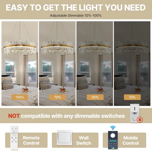 Vista 5 de Lámpara de araña de cristal LED redonda redonda de 24 pulgadas con control remoto