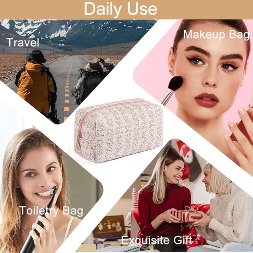 Vista 6 de Bolsa de maquillaje de viaje para mujeres y niñas, bolsa de maquillaje con cremallera, flores florales, organizador de maquillaje, bolsa de tela