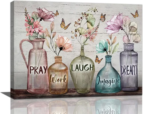 Vista 16 de Shuweienphant Arte de Pared de Baño Estilo Granja Flores Colibrí Cuadros Florales Decoración Citas Inspiracionales Frasco Mason Lienzo Pintura