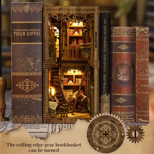 Vista 2 de ISSEVE Kit de Rincón de Libros, Rompecabezas de Madera 3D DIY Casa de Muñecas Booknook para Adultos, Kit de Casa en Miniatura Diminuta Decoración