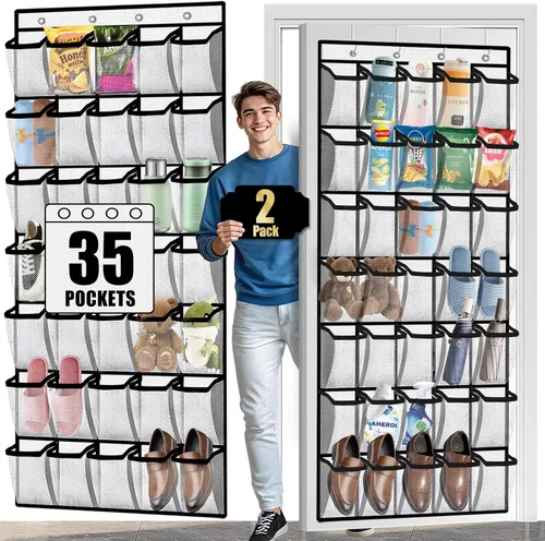 Vista 8 de Aheroi Organizador grande con 35 bolsillos para colgar sobre la puerta, organizador de zapatos colgante con bolsillos de malla transpirable