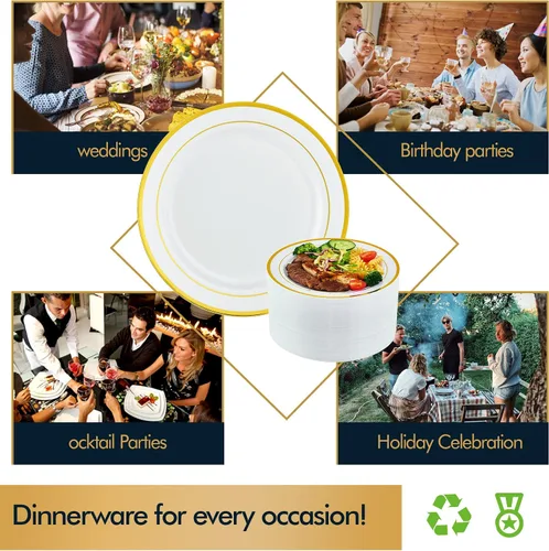 Vista 5 de Vplus 100 piezas de platos de plástico dorados de 10 pulgadas desechables, platos de plástico resistentes blancos elegantes y duraderos con borde