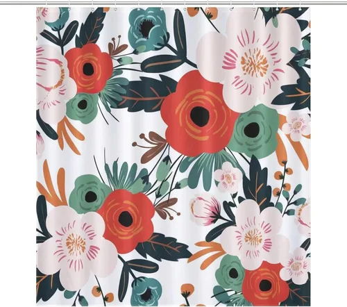Vista 34 de Cortina de ducha con 12 ganchos para baño, 72 x 72 pulgadas, diseño floral bohemio con hojas tropicales retro y florales (bohemio floral-1)