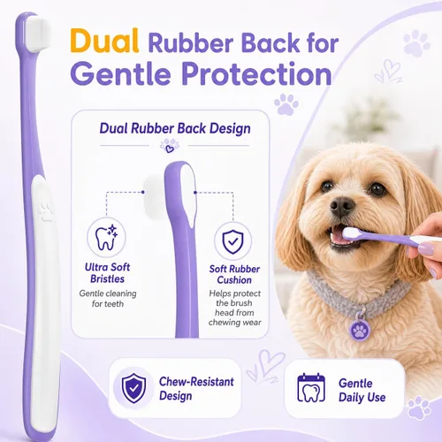 Vista 4 de Cepillo de dientes para perros pequeños – Mini cabezal de cepillo de 0.39 pulgadas, mango curvo, cerdas suaves, parte trasera de goma doble, kit
