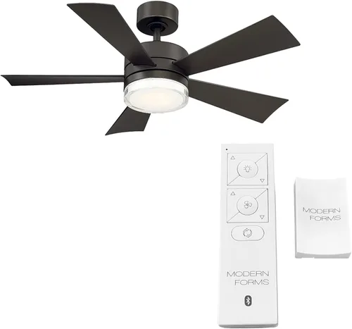 Vista 2 de Ventilador inteligente de techo con 5 aspas, accesorio de luz LED y control de pared para interiores o exteriores y para iOS o Android, Alexa