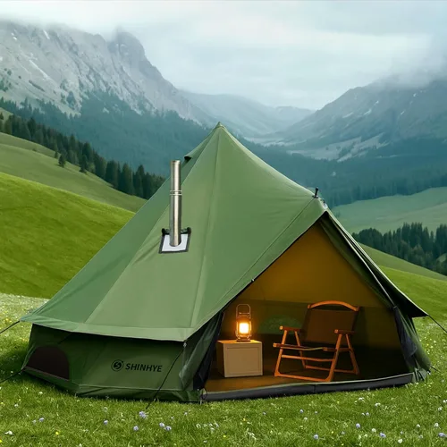 Vista 14 de Tienda de campaña Bell Yurt con gato de estufa, tienda de campaña de lujo impermeable para 4 estaciones, tela Oxford 420D, tiendas de campaña verde