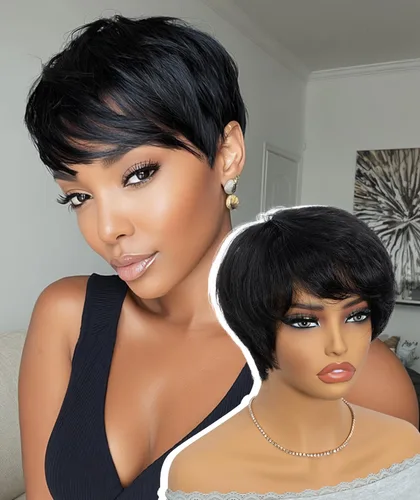 Vista 16 de QUEEN VIRGIN REMY QVR - Peluca de cabello humano con corte Pixie con flequillo, pelucas cortas para mujeres negras, cabello humano de diferentes