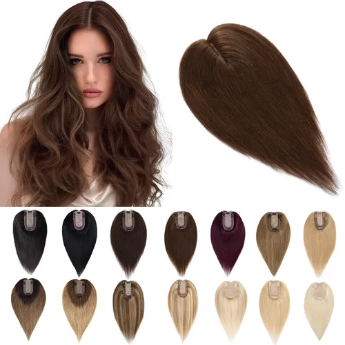 Vista 29 de SEGO Toppers para el cabello para mujer, cabello humano real con flequillo, 2.8 x 5.1 in, base de seda, 100% cabello humano Remy, clip en la parte