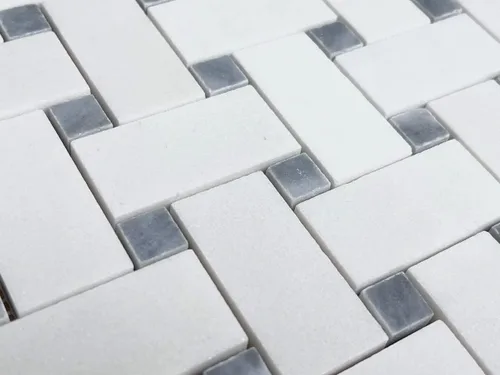 Vista 4 de Tenedos Thassos - Mosaico de mármol blanco de 1 x 2 con puntos de mármol gris pulido para piso y pared para salpicaduras de cocina, azulejos