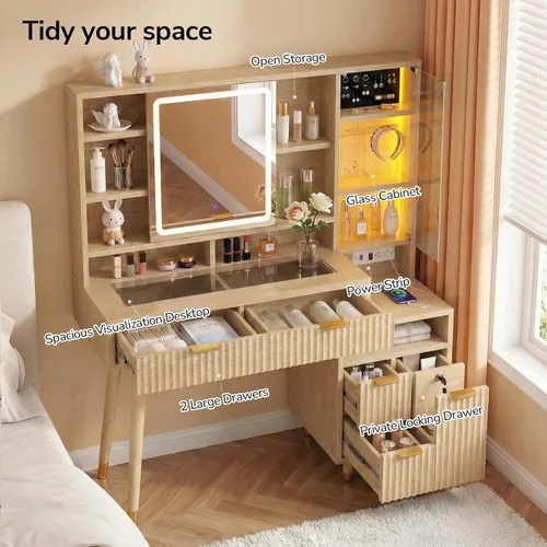 Vista 3 de DICTAC Escritorio de maquillaje estriado de 53 pulgadas con luces y espejo deslizante, tocador superior de vidrio con cajones y gabinetes de vidrio