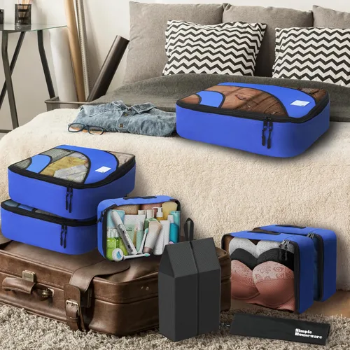 Vista 3 de Simple Houseware - Juego de 8 cubos de equipaje con bolsa de lavandería, color azul