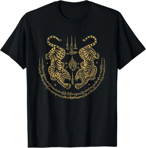 Vista 2 de Sawadee - Camiseta tailandesa tradicional Sak Yant Thai Twin Tigers Muay Thai, Negro, S