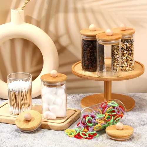 Vista 4 de Paquete de 6 tarros de boticario de vidrio con tapas, accesorios de baño de bambú, bolas de algodón, almohadillas para hisopos, frascos de baño
