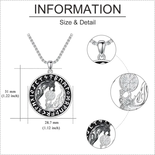 Vista 2 de Collar vikingo para hombre, plata de ley 925, lobo vikingo, martillo de Thors, vegvisir, árbol de la vida, brújula, colgante nórdico, amuleto