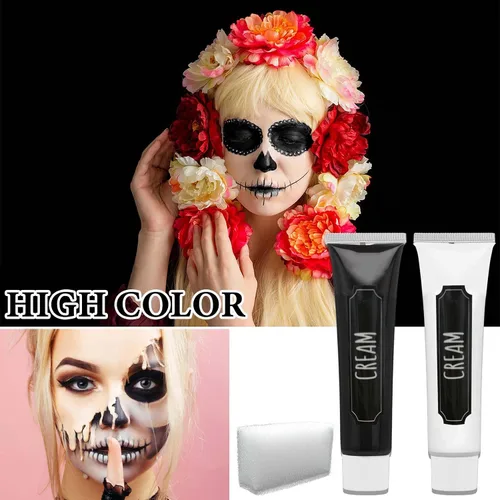 Vista 7 de Pintura corporal blanca y negra, paleta de maquillaje SFX con pinceles, paleta de pintura de crema a base de aceite, kit de maquillaje de Halloween