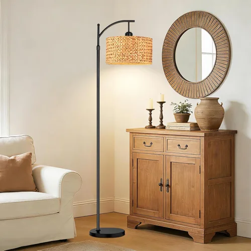 Vista 3 de QIYIZM Lámpara de pie para sala de estar, dormitorio, estilo granja, arco, ratán, boho, lámpara de pie con control remoto regulable, pantalla