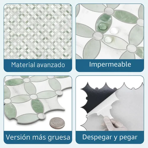 Vista 3 de SUNWINGS Azulejo de Salpicadero de 10 Hojas Despegar y Pegar Coin Waterjet, 11.2" x 11.2" Aspecto de Mármol Verde Azulejo Autoadhesivo de Pared