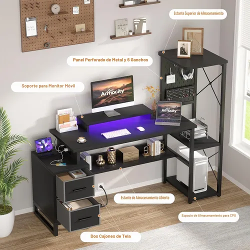 Vista 6 de Escritorio para computadora con 2 cajones de tela - Escritorio reversible de oficina en casa con toma de corriente y luces LED, escritorio