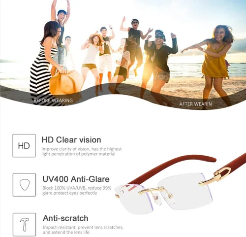 Vista 6 de Dollger Lentes de sol rectangulares sin montura para hombres y mujeres, hip-hop de madera, pequeños lentes de sol cuadrados sin marco de los años 70