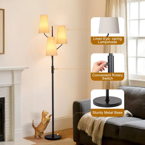 Vista 3 de SRJJA Lámpara de pie de granja para sala de estar, lámpara de pie de árbol de 3 luces de 70 pulgadas de alto con poste negro, lámparas de pie