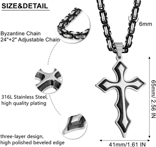 Vista 5 de FULULAY Collar con colgante de cruz de Jesucristo grande de acero inoxidable para hombre con cadena bizantina de 22, 24, 26 pulgadas