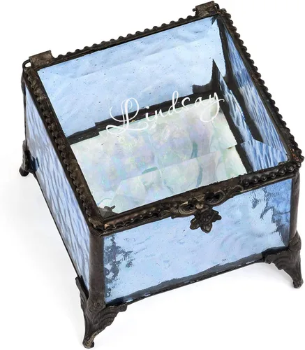 Vista 6 de Caja de cristal azul personalizada, vitrina decorativa para tocador, organizador de joyas, regalo de recuerdo para ella, niña, mujer, decoración
