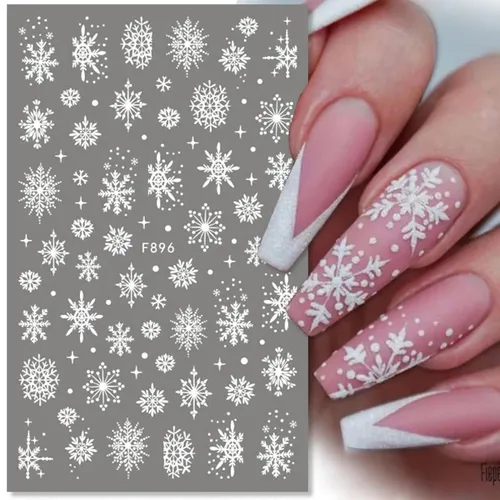 Vista 5 de Calcomanías de arte de uñas de copo de nieve, calcomanías de copo de nieve blanco 3D, diseños de Navidad, calcomanías de uñas autoadhesivas