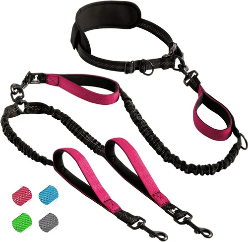 Vista 3 de SparklyPets Correa doble manos libres para perros grandes, sin tirones, sin enredos, asas acolchadas, costuras reflectantes