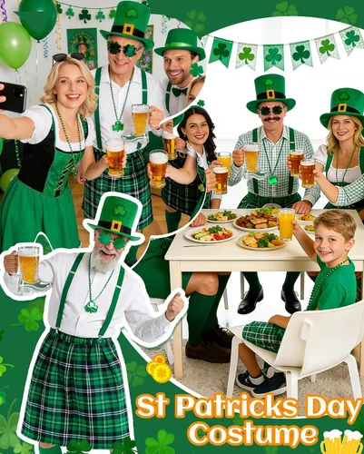 Vista 6 de 8 Pcs St Patricks Day Leprechaun Costumes, Irish Masquerade Party Outfit for Men Women