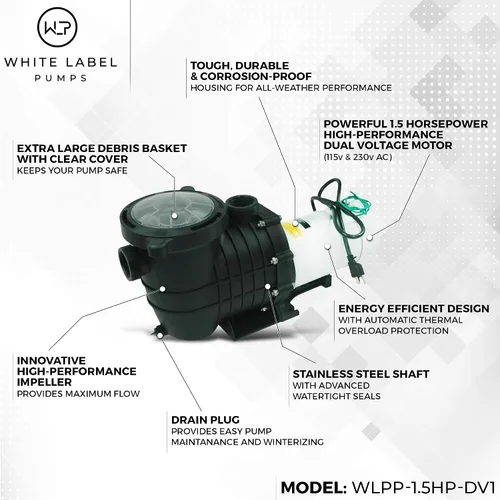 Vista 4 de WHITE LABEL Bomba de piscina en tierra - 110-120V/220-240V, 1.5HP, 110GPM, enchufe de pared