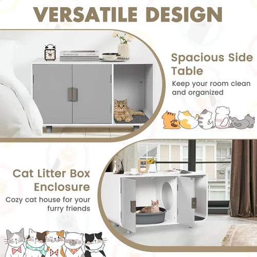 Vista 8 de Tangkula Mueble de caja de arena para gatos, baño oculto para gatos con patas y tapetes de madera de goma, casa interior para gatos
