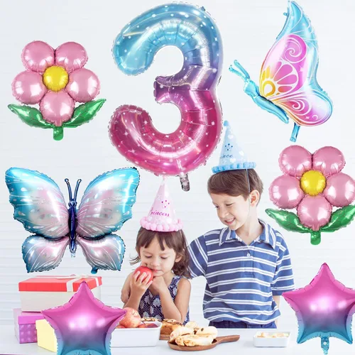 Vista 5 de Sowide Globo de mariposa para decoraciones de tercer cumpleaños, globos de mariposa, globos de mariposa rosa degradada, globo de Mylar