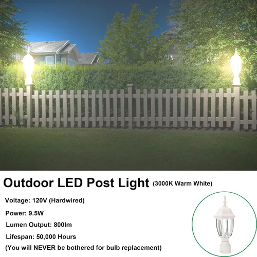 Vista 4 de LIT-PaTH Accesorio de iluminación LED para exteriores, farol de poste, 9.5 W, 800 lúmenes, blanco cálido de 3000 K, carcasa de aluminio más vidrio