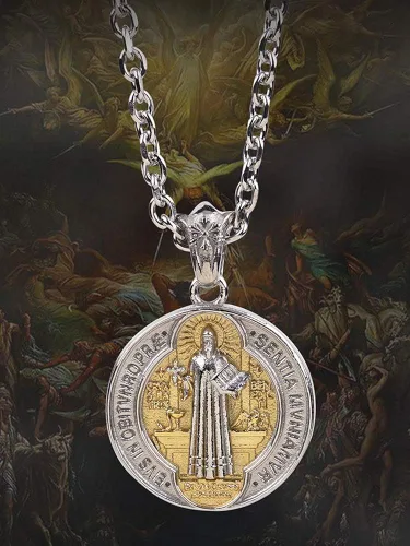 Vista 2 de Titanium Stainless Steel Cross Saint Benedict Medal Pendant Necklace for Men Women70cm Chain