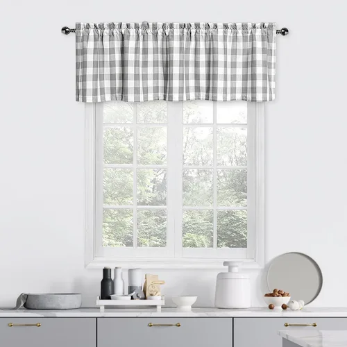 Vista 11 de Cortinas de cocina con cenefa a cuadros blancos y negros de 55 x Negro/blanco