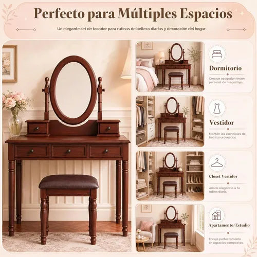 Vista 7 de Anwick Escritorio vintage con espejo de ángulo ajustable, juego de tocador de madera para dormitorio con forro de tela de terciopelo, 5 cajones