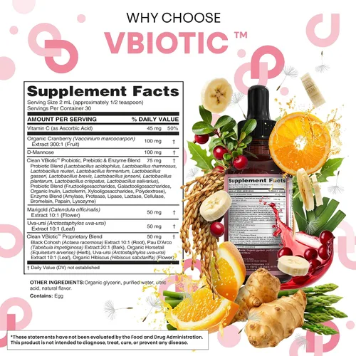 Vista 5 de Clean Nutraceuticals VBiotic - Probiótico vaginal para mujer, gotas líquidas Cranberry Uva Ursi Cola de caballo D-Manosa Prebióticos Caléndula