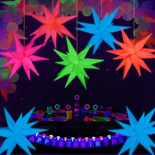 Vista 5 de Mega-L - Suministros de fiesta que brillan en la oscuridad, kit de 5 globos de estrella de neón - Explosión de lámina de neón y globos de cono de 12