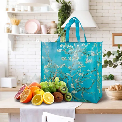 Vista 5 de NymphFable Paquete de 6 bolsas de comestibles reutilizables con flores de almendra, bolsas de compras, impermeables, bolsas de regalo, 50 libras