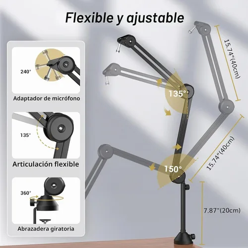 Vista 6 de TONOR Brazo de brazo de micrófono, brazo de micrófono ajustable con filtro pop extra grande, adaptador de tornillo de 3/8 pulgadas y 5/8 pulgadas