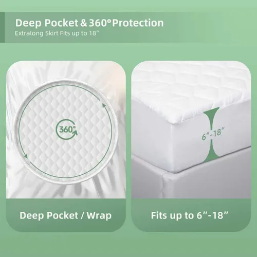 Vista 3 de Protector de colchón impermeable, funda de colchón, suave, transpirable, sin ruido, bolsillo profundo de 6 a 18 pulgadas, color blanco para el hogar