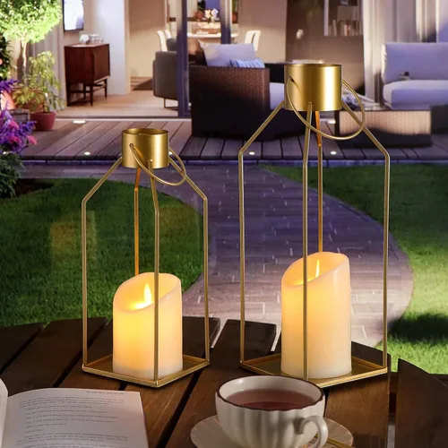 Vista 7 de NITIME 2 faroles decorativos de metal dorado de 12/15 pulgadas (sin vidrio), faroles de metal dorado decorativos para exteriores con 2 velas LED
