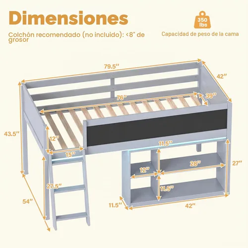 Vista 2 de KOMFOTT Cama baja de tamaño individual con luces LED, marco de cama loft de madera para niños con escalera, barandilla de seguridad de longitud Gris