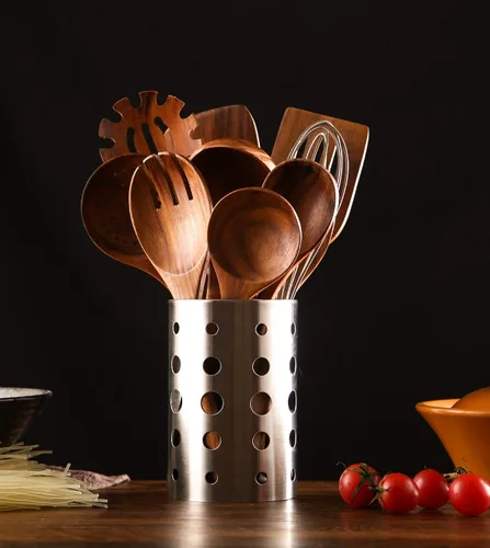 Vista 3 de Juego de 11 utensilios de cocina de madera, cucharas de madera de teca para cocinar, agarre cómodo, resistente, espátulas de madera antiadherentes