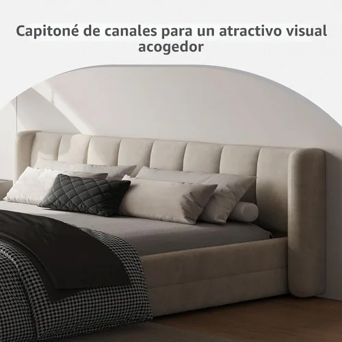 Vista 3 de Marco de cama tamaño Queen con cabecero suave tipo nube, base de cama de madera con tapizado de chenilla, no necesita somier - Beige Marco de cama